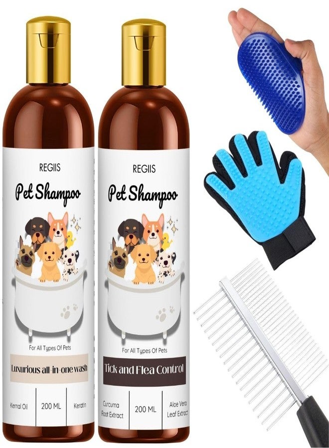 مجموعة ريجيس للعناية بالحيوانات الأليفة مع مجموعة شامبو للكلاب، 2 × 200 مل تركيبة متكاملة للغسيل ومكافحة القراد، تتضمن فرشاة للعناية وقفاز ومشط معدني (عبوة من 5 قطع) - Image 1